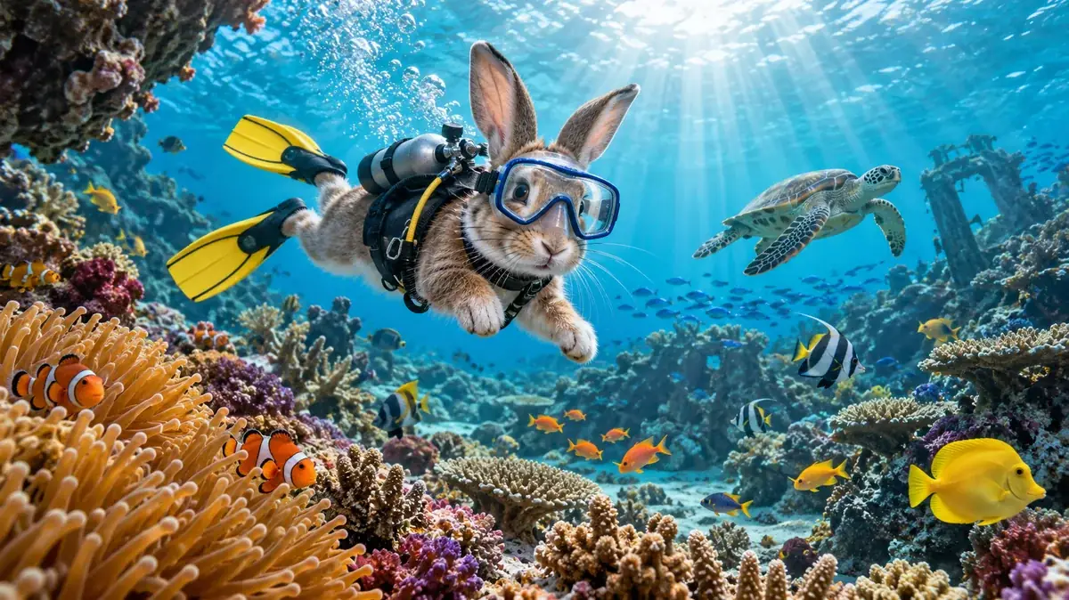 Detailed underwater scene of a rabbit diver over a coral reef