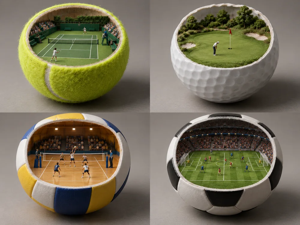 Sports balls cut open to show miniature tennis, golf, volleyball, and soccer scenes