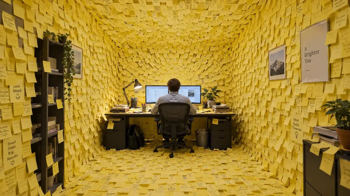 Office covered in yellow sticky notes