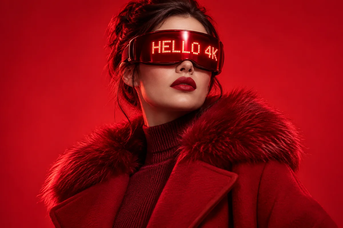 Portrait of a woman in red wearing an LED visor that displays the text HELLO 4K