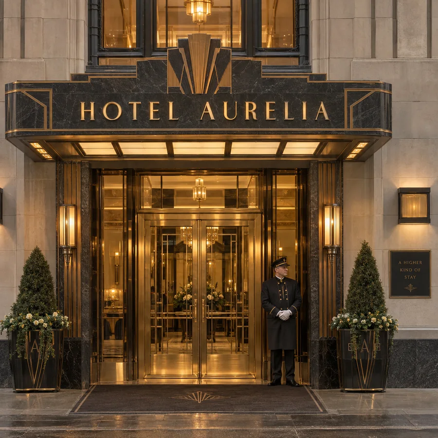 Art deco hotel facade with gold lettering