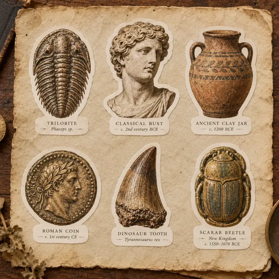 Vintage stickers of a fossil, a statue, an amphora, a coin, a tooth, and a scarab