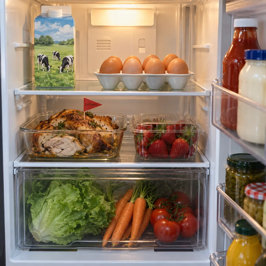 Open fridge with food arranged exactly as described