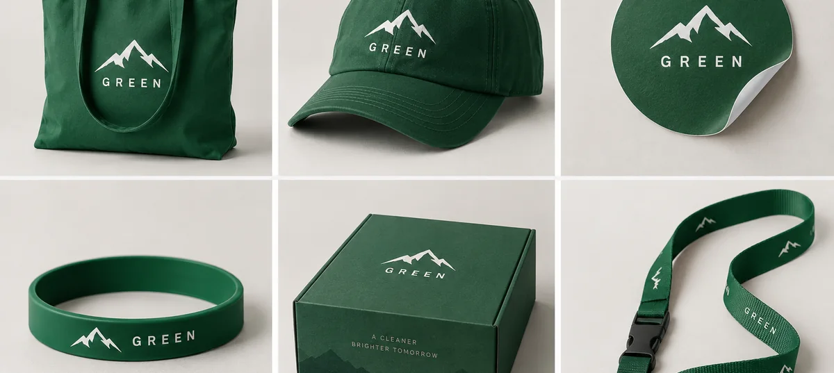 Green branded merchandise: a bag, a cap, a sticker, a wristband, a box, and a lanyard