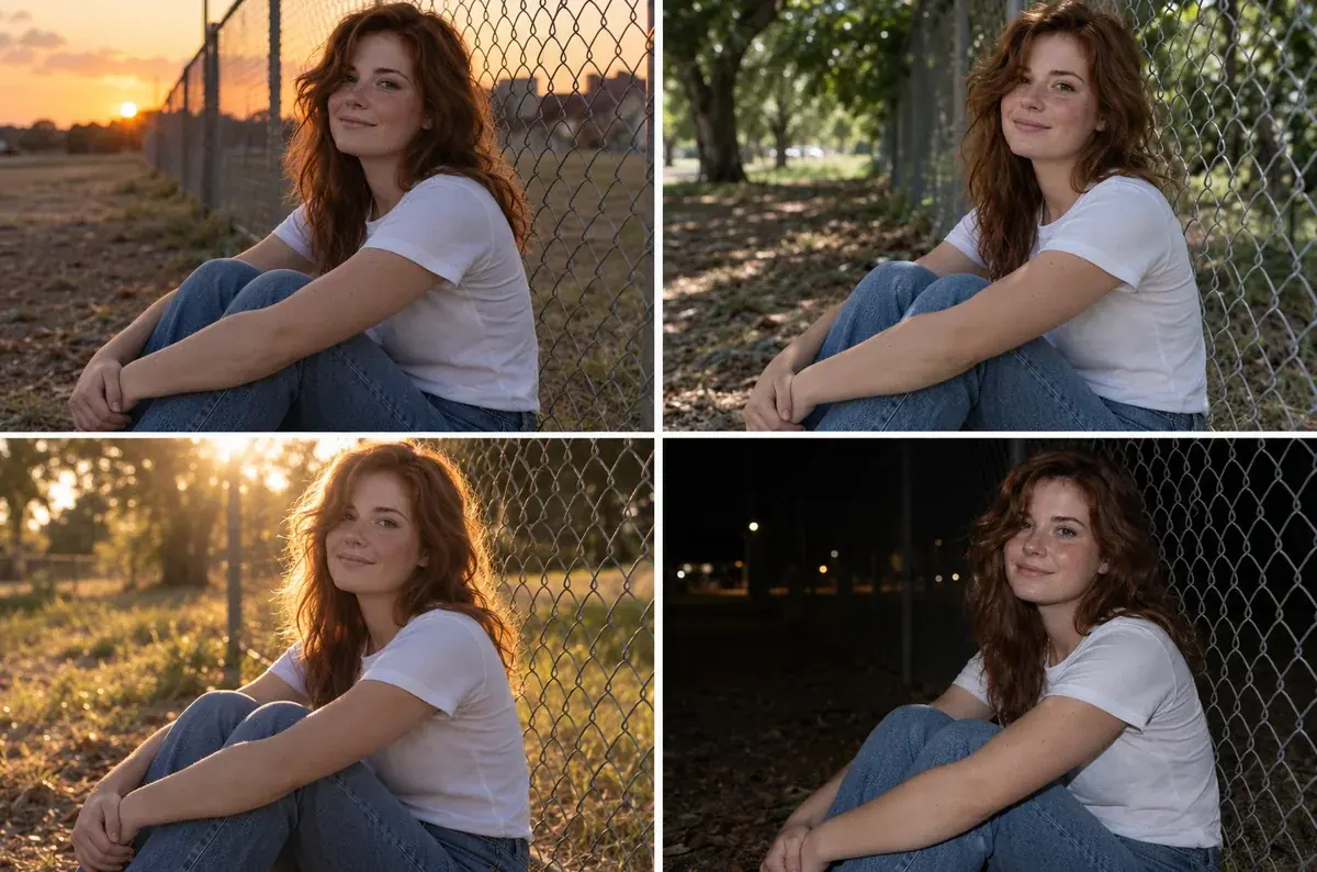 Four photos of the same woman sitting by a fence in different light