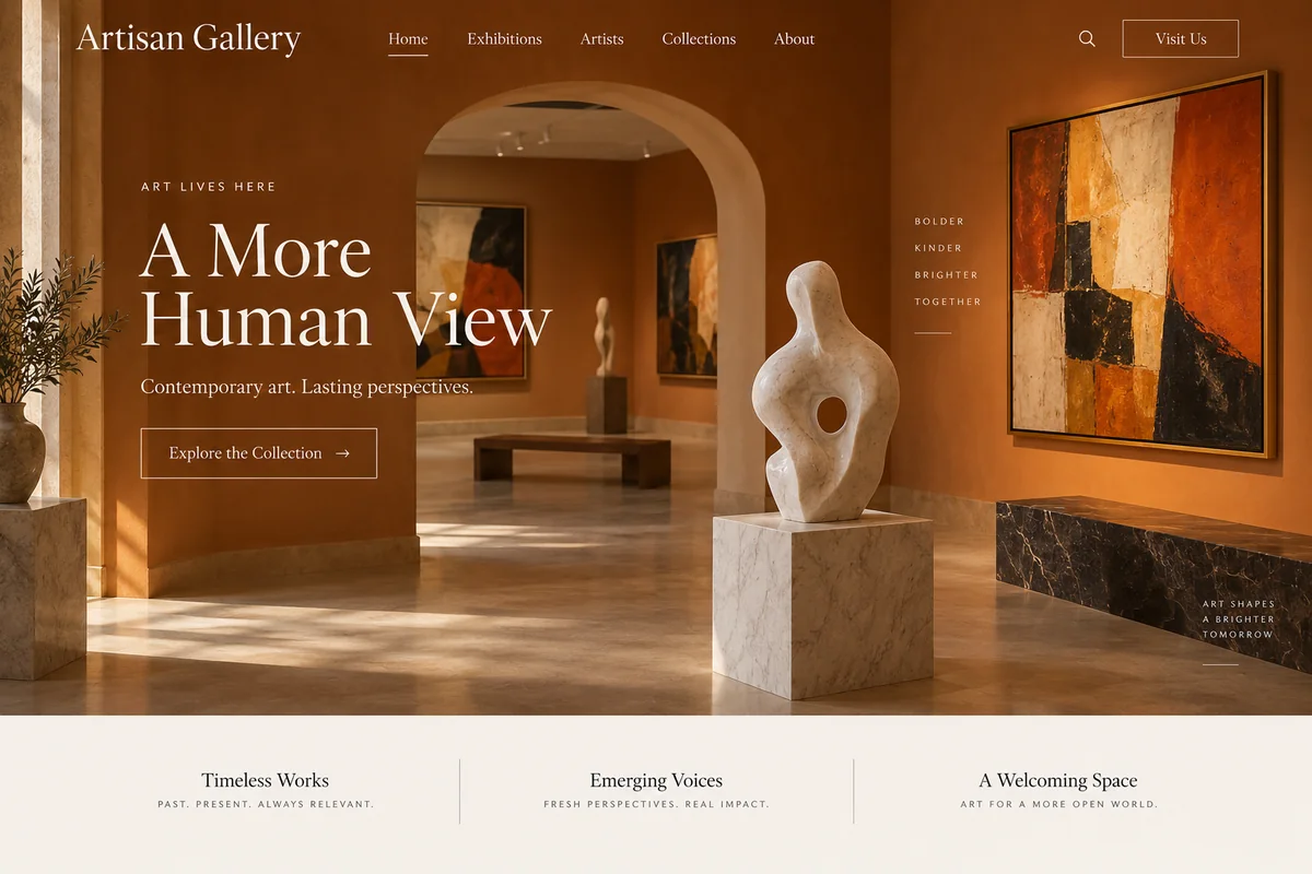 Website mockup for an art gallery with a large title and framed artworks