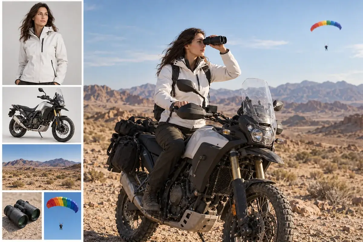 Separate reference images of a woman, a motorbike, and desert props combined into one photo