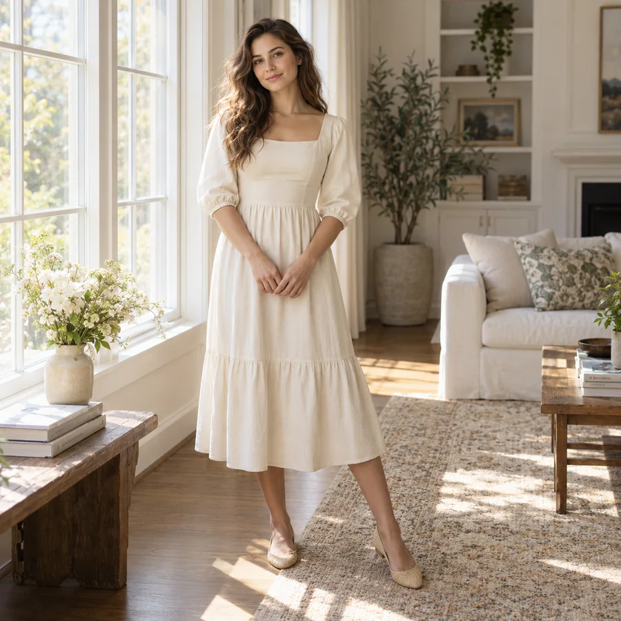 Woman in a cream dress standing by a bright window, made with Seedream 5.0 Pro