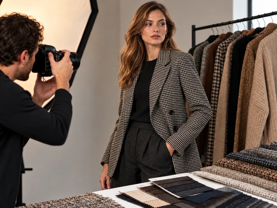 Photographer shooting a model in a fine-check jacket, a common cause of fabric moire
