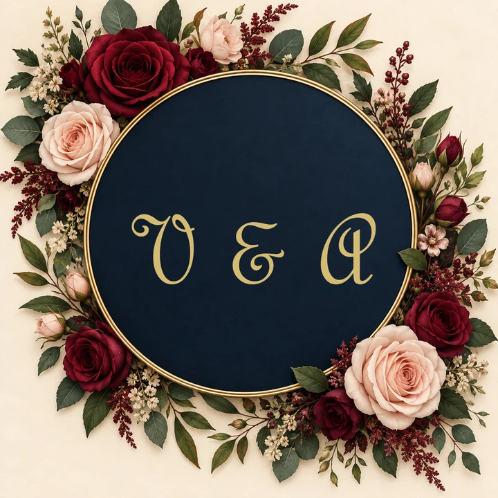 Wedding monogram generator result: gold V&A script letters in a burgundy and blush rose wreath on navy