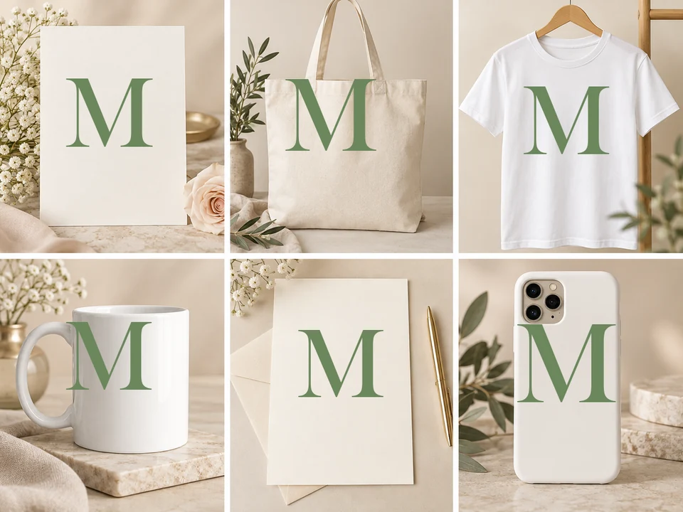 A floral M monogram printed on an invitation, a tote bag, a T-shirt, a mug, a letter, and a phone case