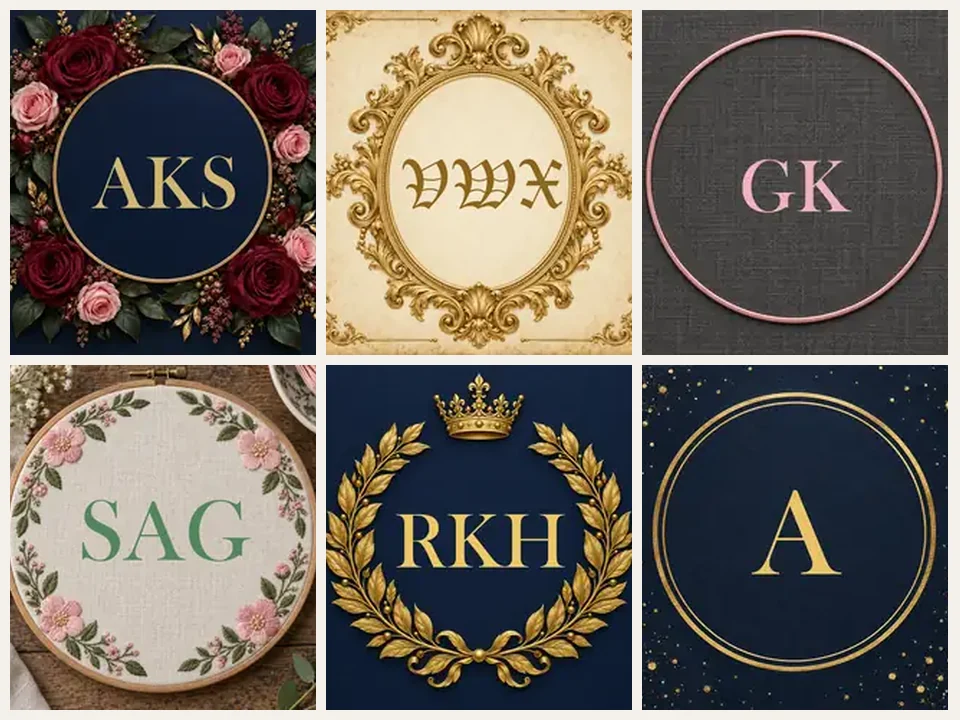 Six monogram designs in floral wreath, Victorian, circle, embroidered, royal crest, and gold foil styles