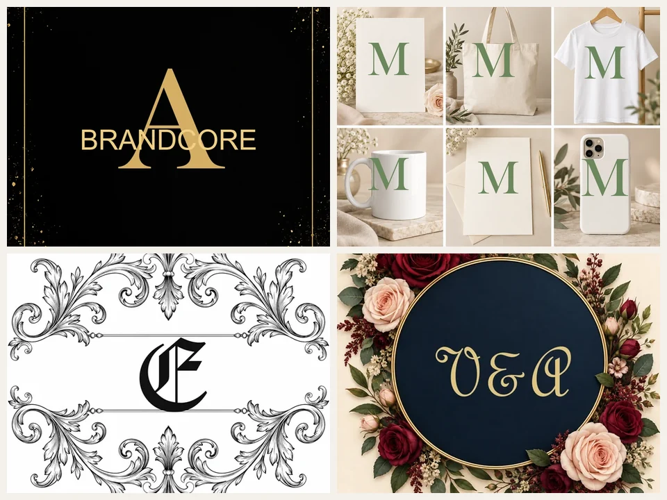 Monogram uses: a gold brand logo, monogrammed T-shirt and mugs, an engraved split letter, and a script wedding invitation