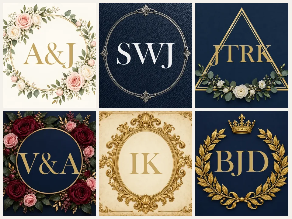 Monogram maker 4 letters or fewer: two and three letter monograms A&J, IK, BJD, AKS, ABC, and an interlocking ALW crest