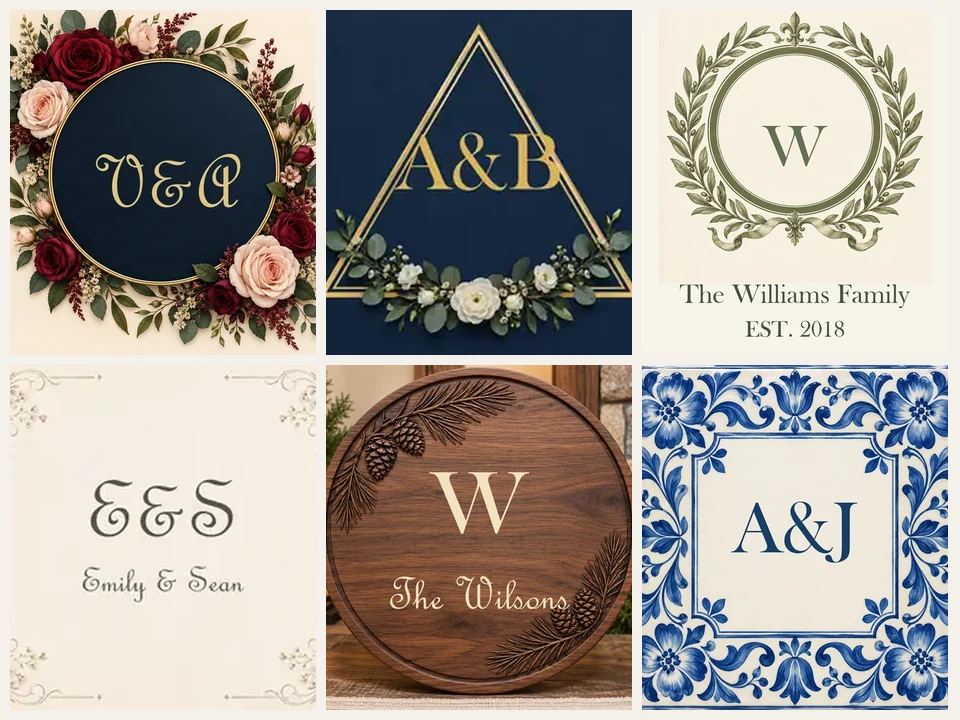 Wedding monogram and family monogram examples with couple initials, laurel wreaths, and family names