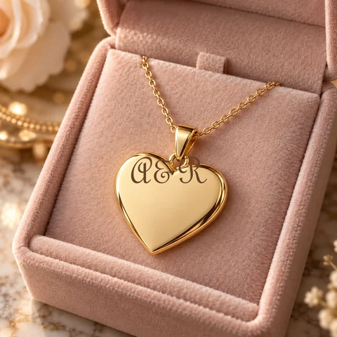 Gold heart necklace engraved with an A&R script monogram