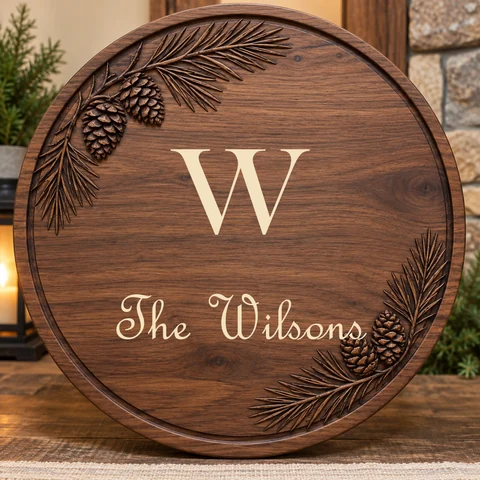 Last name monogram generator result: W and The Wilsons carved on a round wooden sign