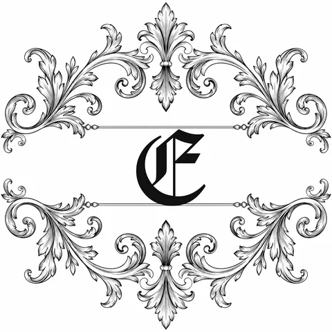 Monogram tattoo generator idea: an ornate black split letter E with flourishes