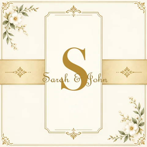Monogram generator cursive result: a gold split S with Sarah & John in script