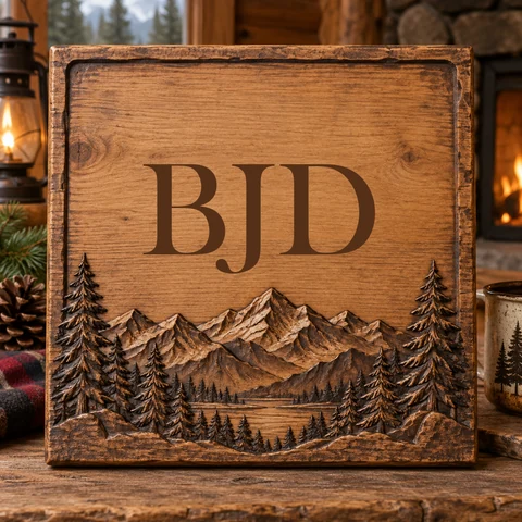 Three letter monogram maker result: BJD carved in wood with mountains and pine trees