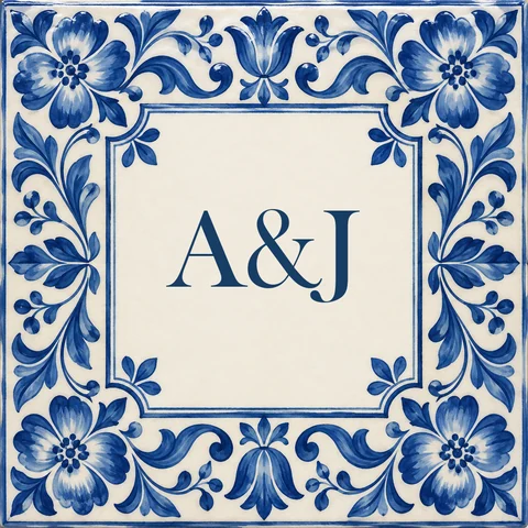 Two letter monogram generator result: navy A&J in a blue floral tile frame