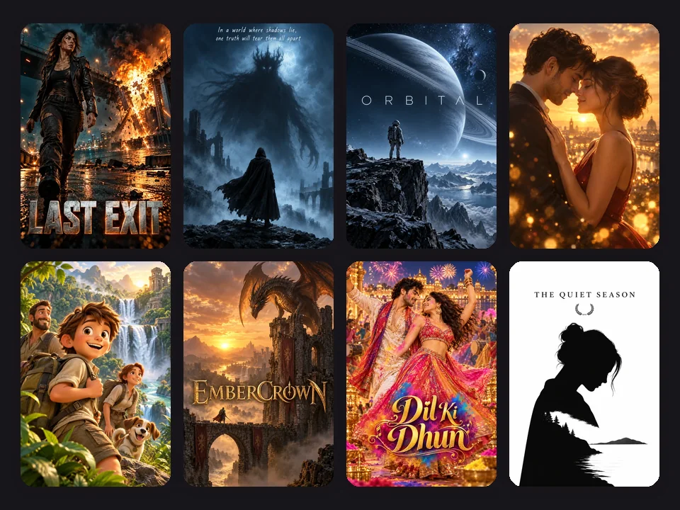 Eight AI generated movie posters for a musical, a drama, a festival, an animated film, a thriller, and romances