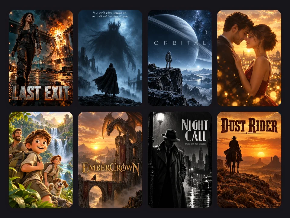 Movie poster creator results in action, horror, sci-fi, romance, animated, fantasy, noir, and western styles