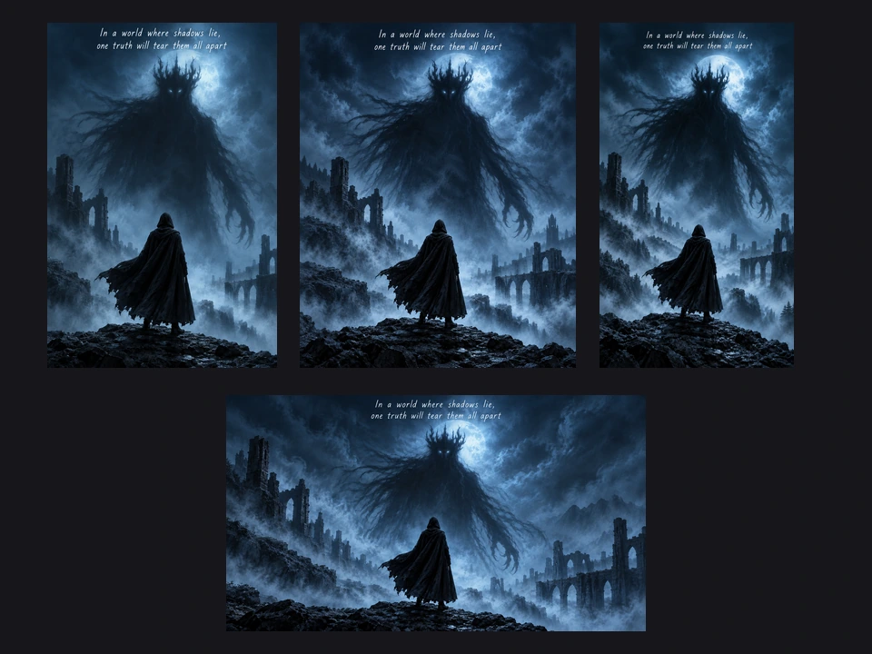 The same horror poster composed as a 2:3 one-sheet, 4:5 post, 9:16 story, and 16:9 banner