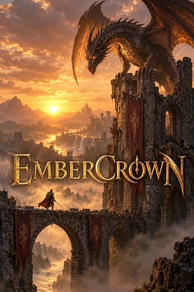 Fantasy movie poster of a dragon perched on a ruined castle tower at sunset