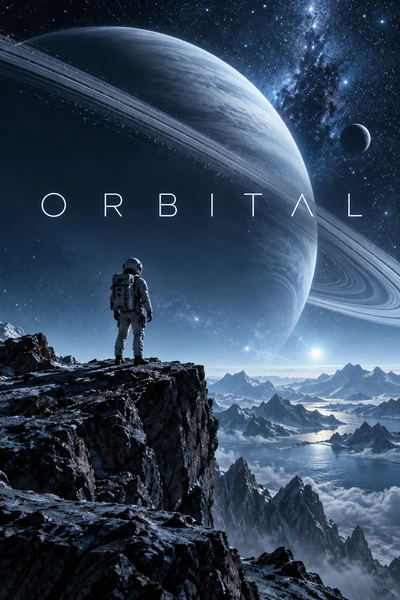 Sci-fi movie poster made with AI: an astronaut on a cliff under a giant ringed planet