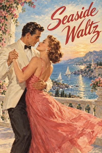 Vintage painted movie poster of a couple dancing on a seaside balcony