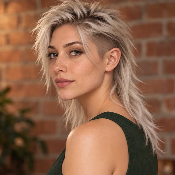 A young woman with a platinum mullet: lifted top, short sides, and long back
