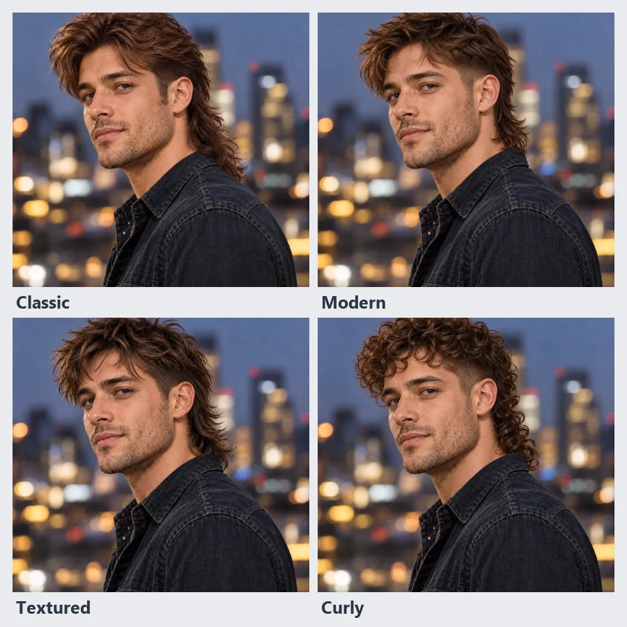 Four men’s mullets side by side: classic, modern, textured, and curly
