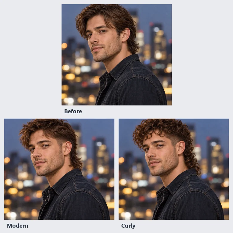 A bearded man with short hair shown with a brown modern mullet and a platinum curly mullet
