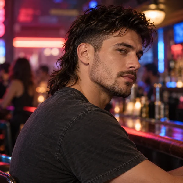 A young man with a dark modern mullet against a retro neon background
