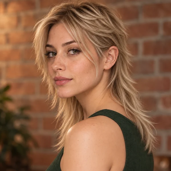 A woman with a blonde modern mullet with a short shaved side and long wispy back