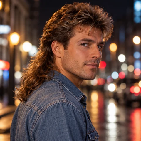 Man with a classic 80s mullet with feathered layers on a city street at night