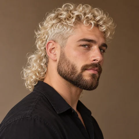 Bearded man with a platinum curly mullet