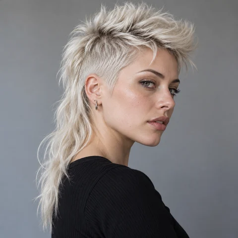 Woman with a lifted platinum mullet and long back
