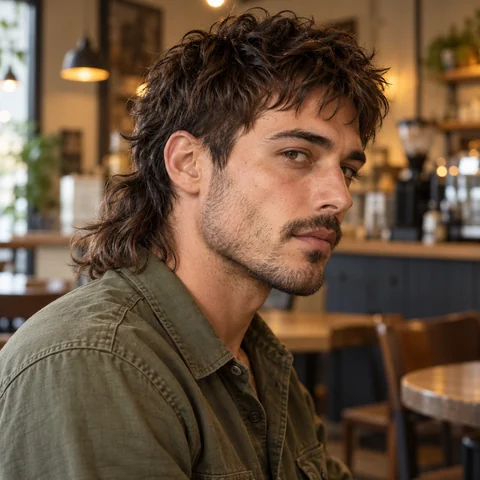 Man with a shaggy, textured brown mullet