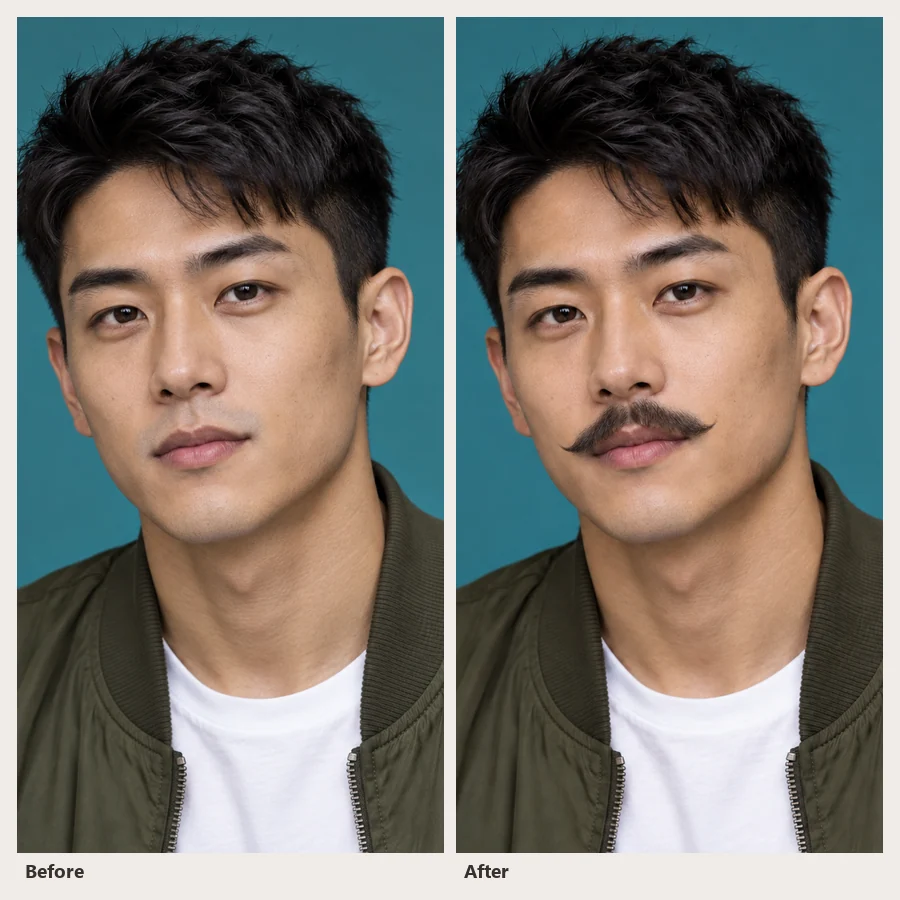 Before and after: a clean-shaven young man and the same man with a thick curled mustache