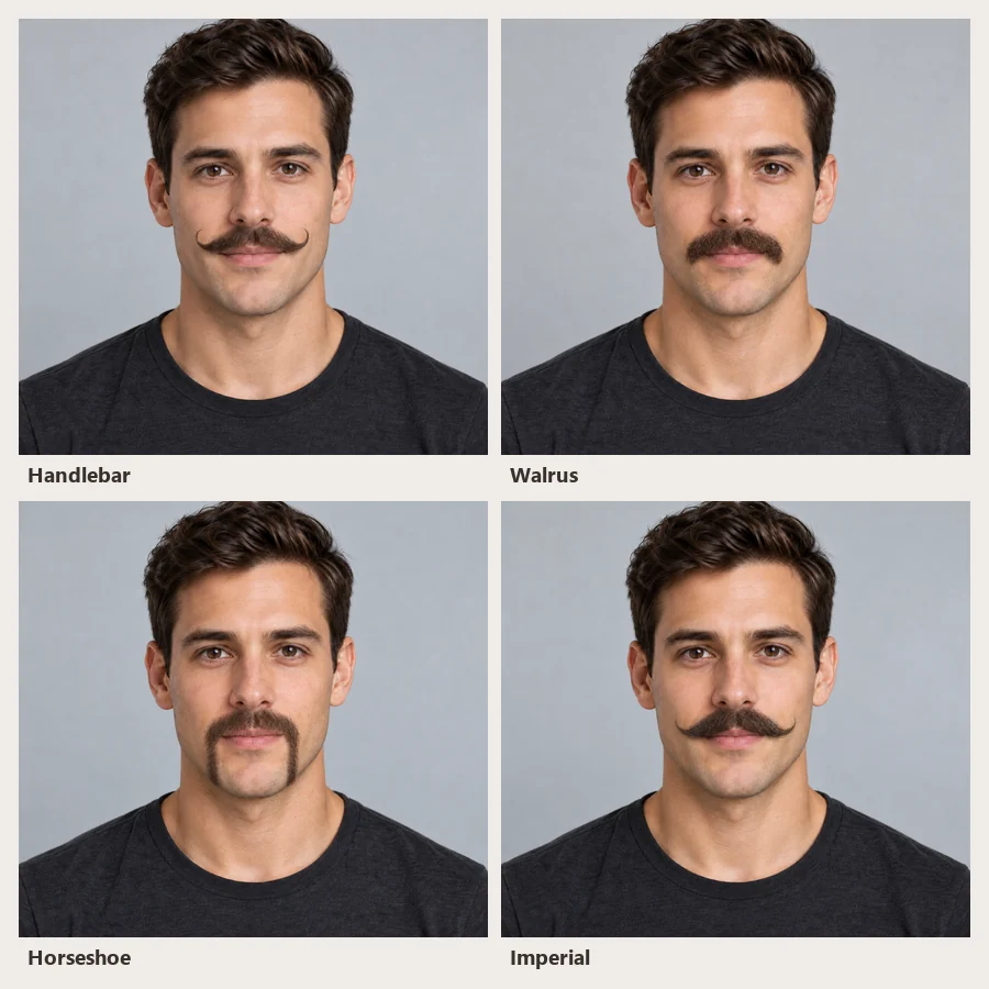 Four mustache styles side by side: handlebar, walrus, horseshoe, and imperial
