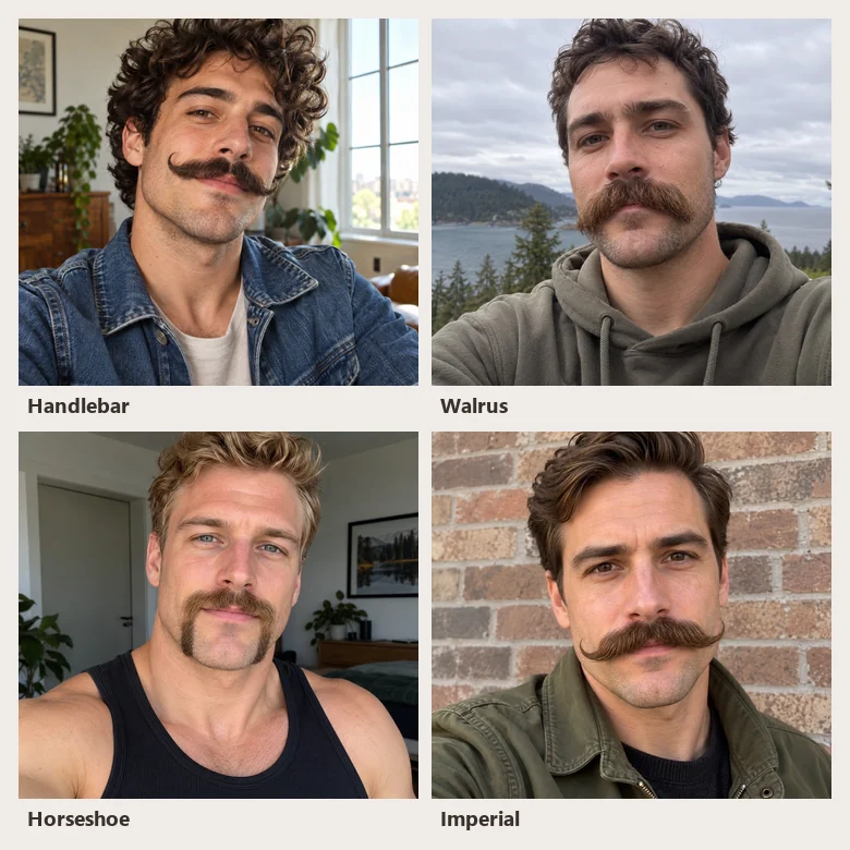 Collage of young men with different mustaches: light, horseshoe, thick drooping, and curled