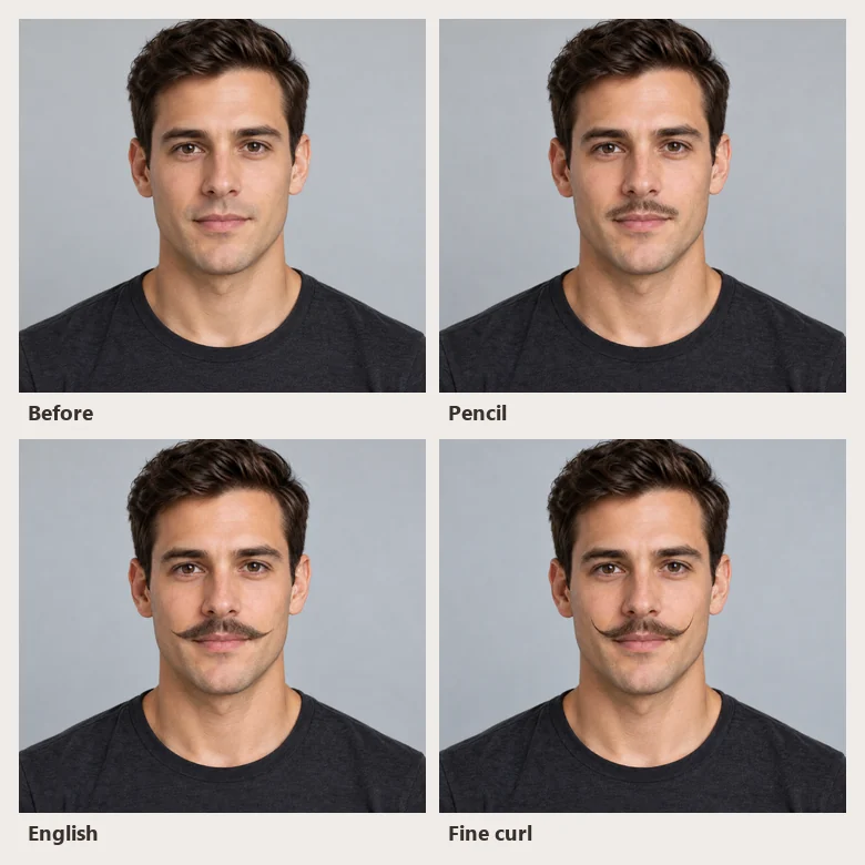 One man shown with three different mustache styles around his original photo