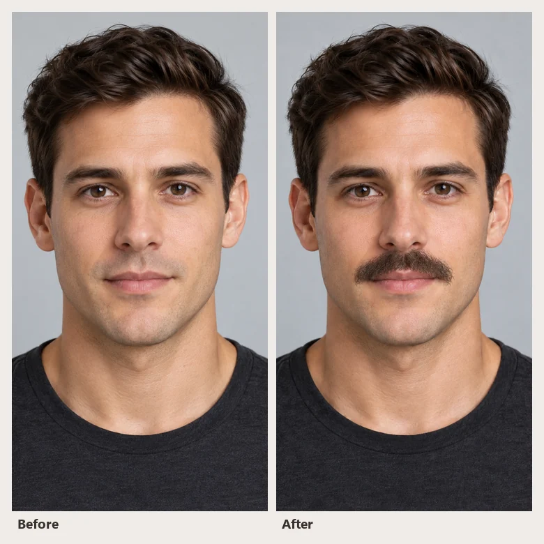 A young man shown clean-shaven and with a realistic thick mustache added by the mustache filter