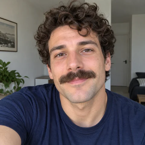 Young man with a thick brown chevron mustache
