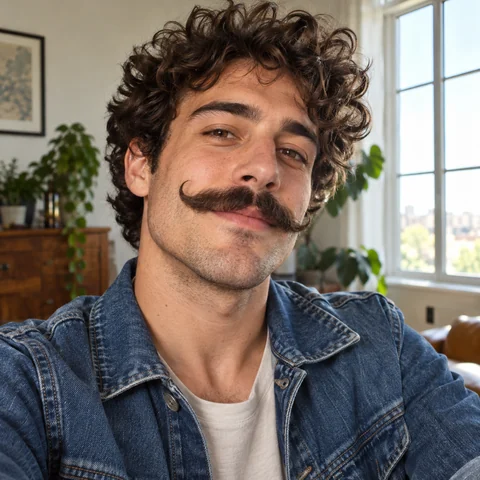 Young man with tousled dark hair and a curled handlebar mustache