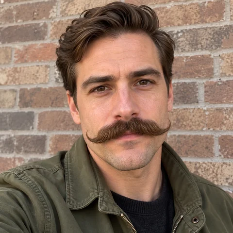 Young man in a green jacket with a bold, curled imperial mustache