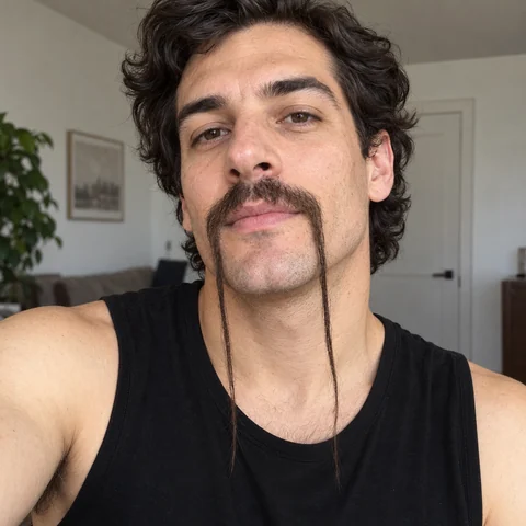 Man with long, thin drooping mustache ends below the chin