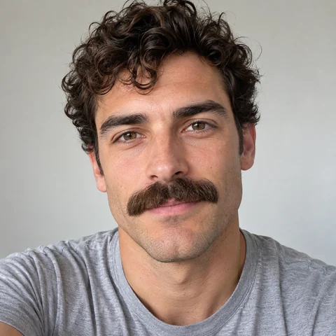 Young man with curly black hair and a wide painter’s brush mustache